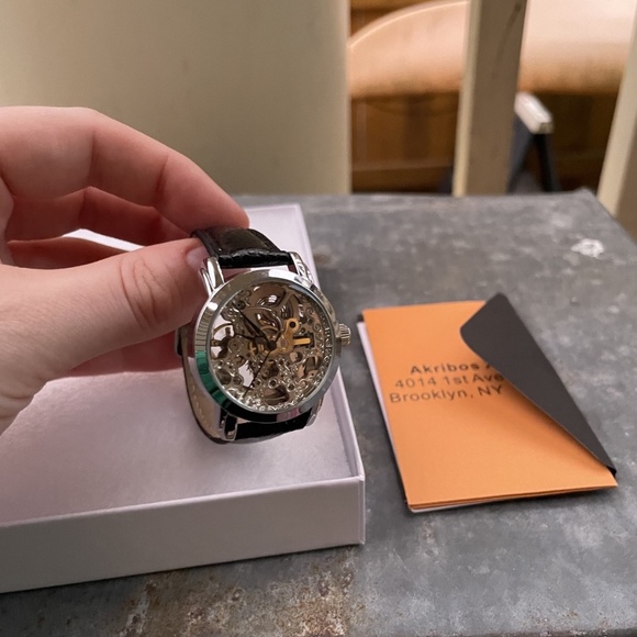 Akribos XXIV Women's Skeleton Automatic Black Leather Strap H20-Resistant Watch - Picture 4 of 5